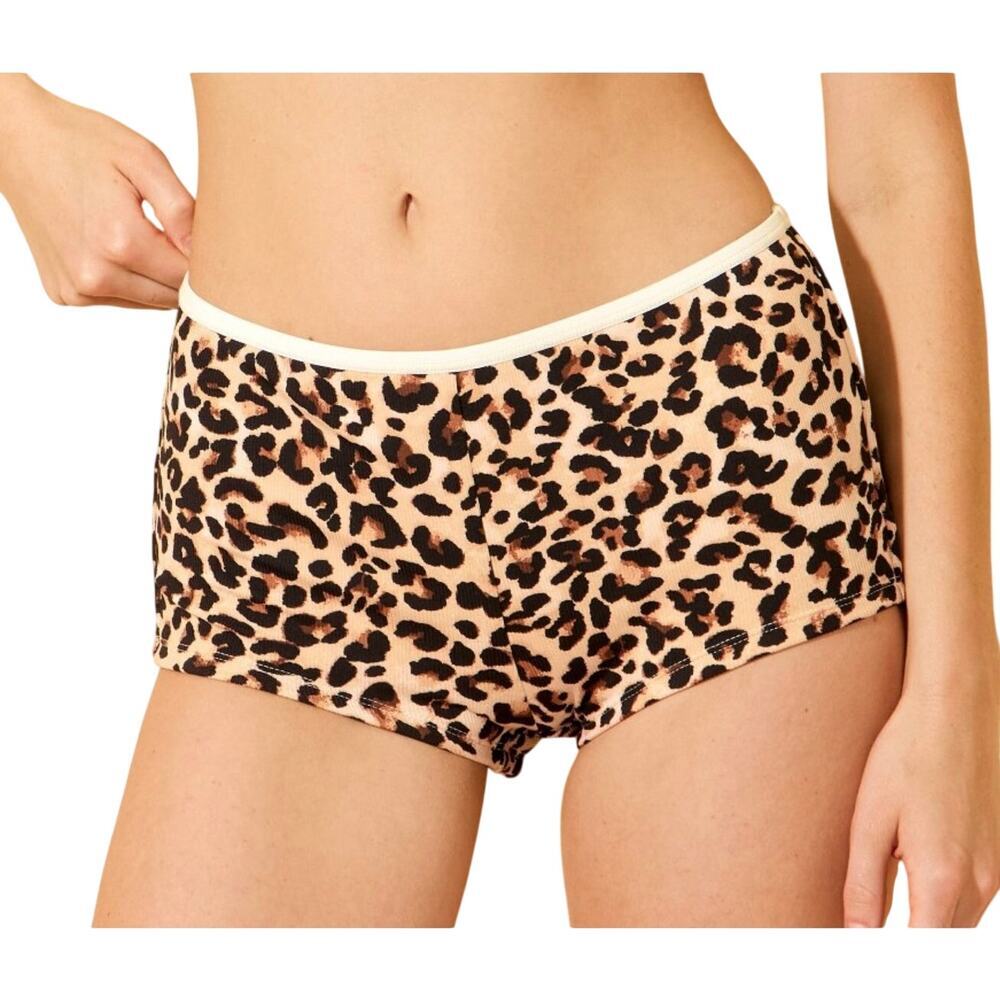 Women's Leopard Printed Ribbed Texture Low Rise Cheeky Boy Short Bikini Bottom S